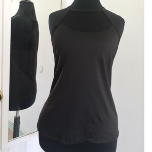 Fancyqube High Neck Mesh Back Solid  Black Pullover Tank Top Medium